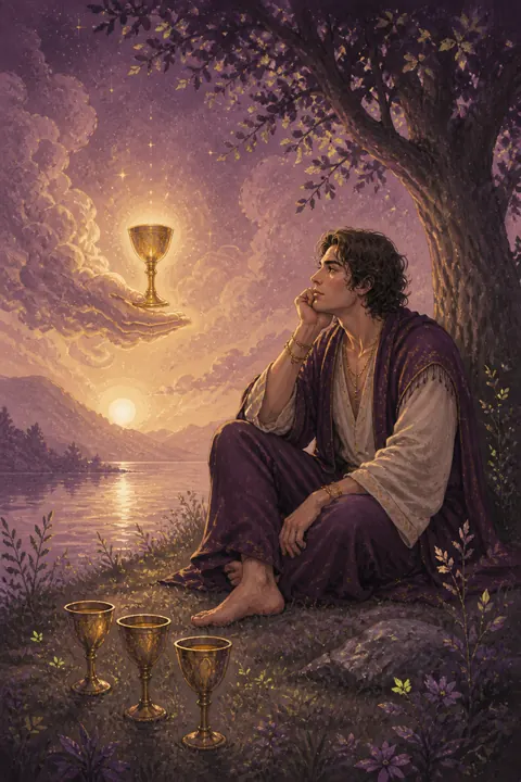 Czwórka Kielichów - znaczenie karty tarota Zamyślona osoba pod drzewem dostrzegająca podany czwarty kielich