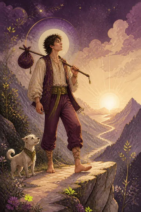 Głupiec jako młody podróżnik z psem na górskiej ścieżce o wschodzie słońca