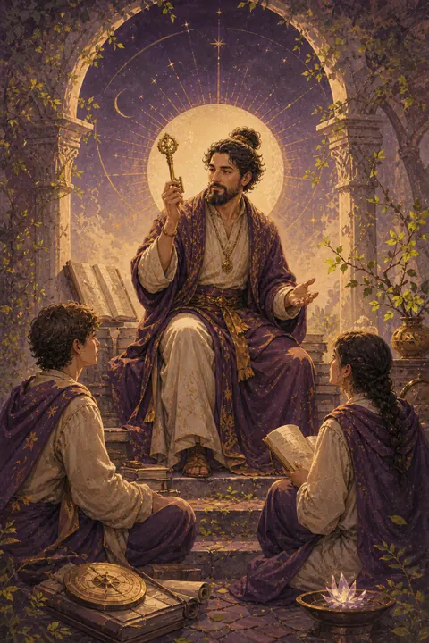 Hierofant - znaczenie karty tarota Hierofant przekazujący wiedzę dwóm uczniom w otwartej świątyni
